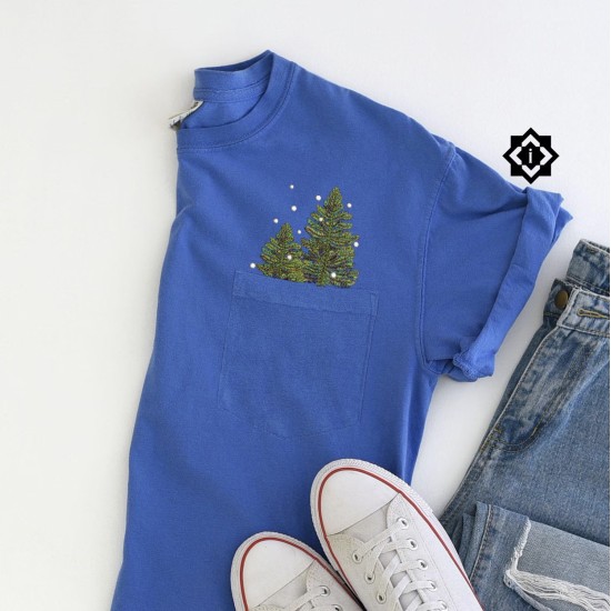 Comfort Colors Christmas Trees Embroidered Pocket Shirt | Gift for Her