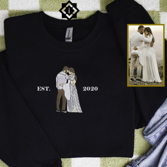 Custom Embroidered Wedding Outline Portrait from Your Photo, Wedding Gift Sweatshirt, T-Shirt, Hoodie