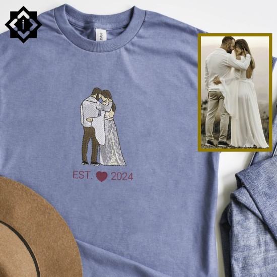 Custom Embroidered Wedding Outline Portrait from Your Photo, Wedding Gift Sweatshirt, T-Shirt, Hoodie