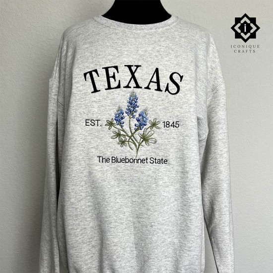 Embroidered Texas Bluebonnet Unisex Sweatshirt,  Texas State 1845 Sweatshirt