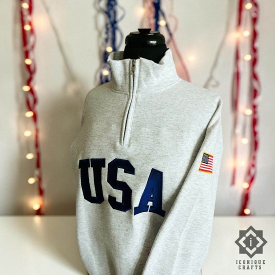 Embroidered USA Quarter Zip Sweatshirt, Retro Vintage USA Flag Shirt, USA Pride, Semiquincentennial Gift